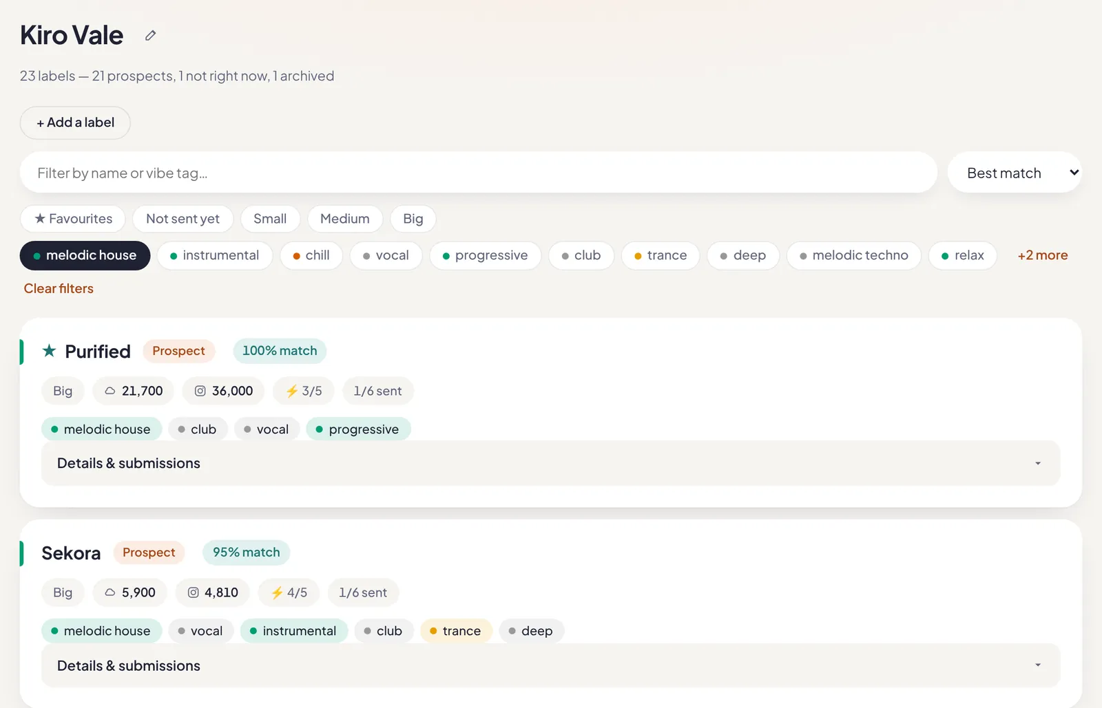 The Labels page with filter chips for size and vibe tags, and label cards with follower counts and match percentages.