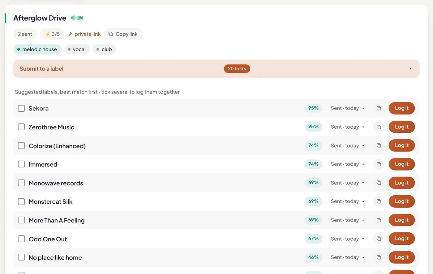 A track with its suggested labels ranked by match percentage, each with a Log it button.